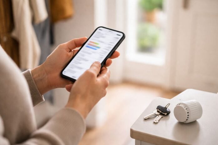 Abschlag prüfen am Smartphone im Hausflur