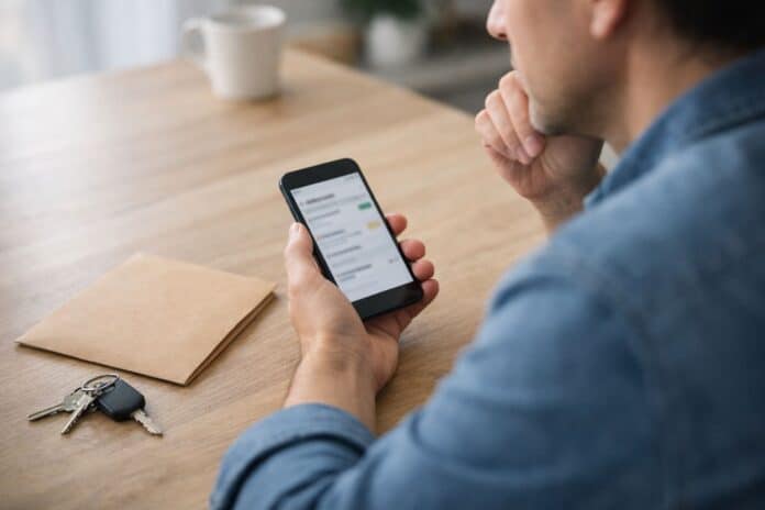 Person prüft Kündigungsstatus am Küchentisch