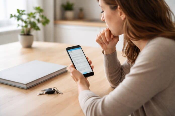 Nachdenklicher Blick auf Versicherungsfall am Küchentisch